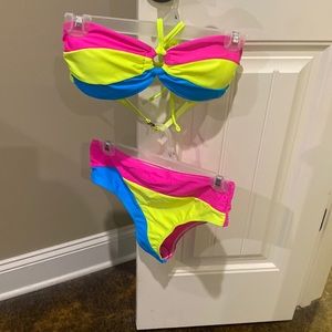 Blue, pink and yellow bikini